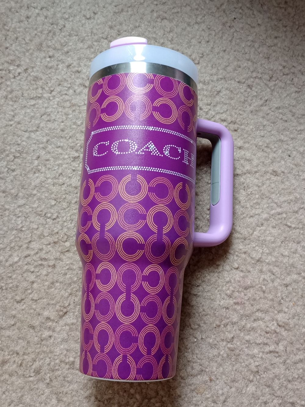 Coach Pink and Purple Logo Travel Tumbler with Handle